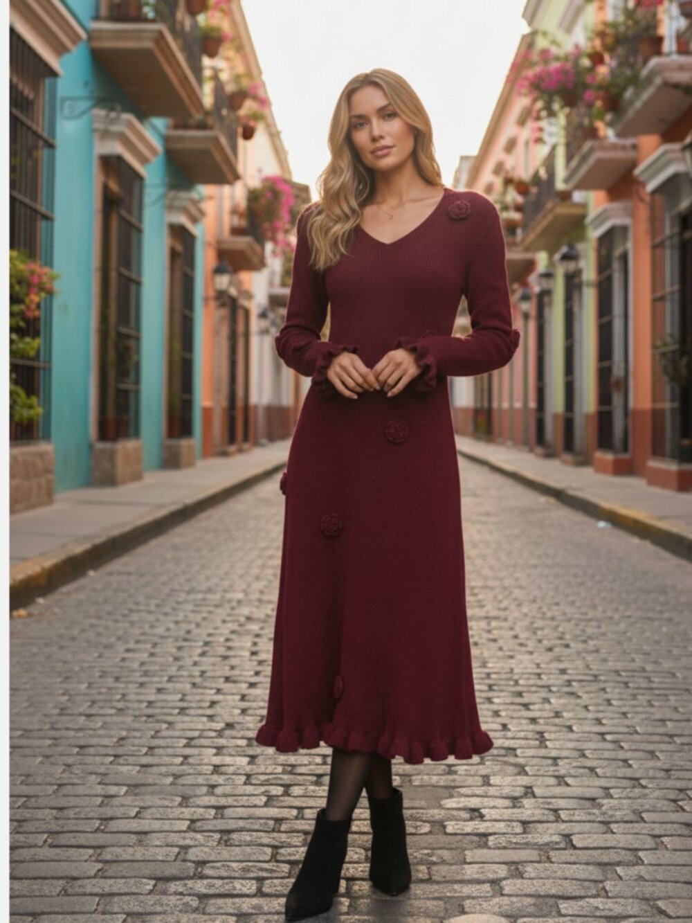 NWOT Dalia MacPhee Burgundy Rose Appliqué Knit Sweater Dress Belted Medium